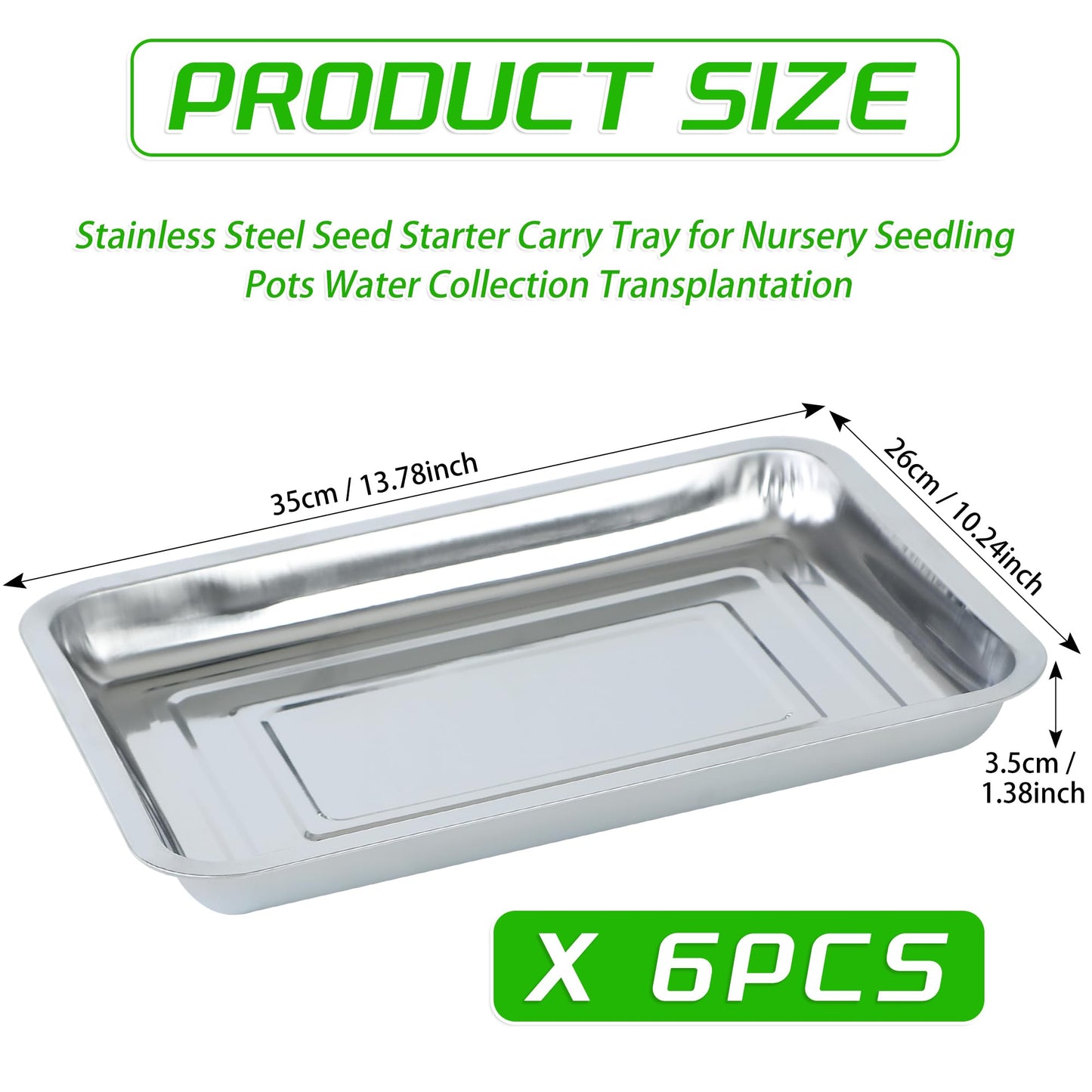 WBCBEC Plant Germination Trays, Stainless Steel Plant Trays Stainless Metal Trays Stainless Steel Seed Starter Carry Trays Nursery Seedling Pots Water Collection Transplantation (6PCS)