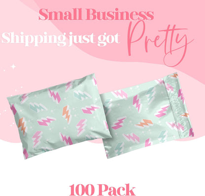 14.5x19 Designer Poly Mailer 100 Pack Heavy Duty Waterproof Self Seal Shipping Bags for Small Business Large Mailing Envelopes Bulk Tear Resistant Cute Packaging Lightning Bolt
