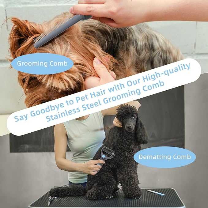 Wisedog Dog Grooming Kit 7PCS - Cat Nail Clipper with Nail File, Dematting Comb for Dogs, Flea Comb, Bath Brush, Hair Removal Mitts (Upgraded Blue)
