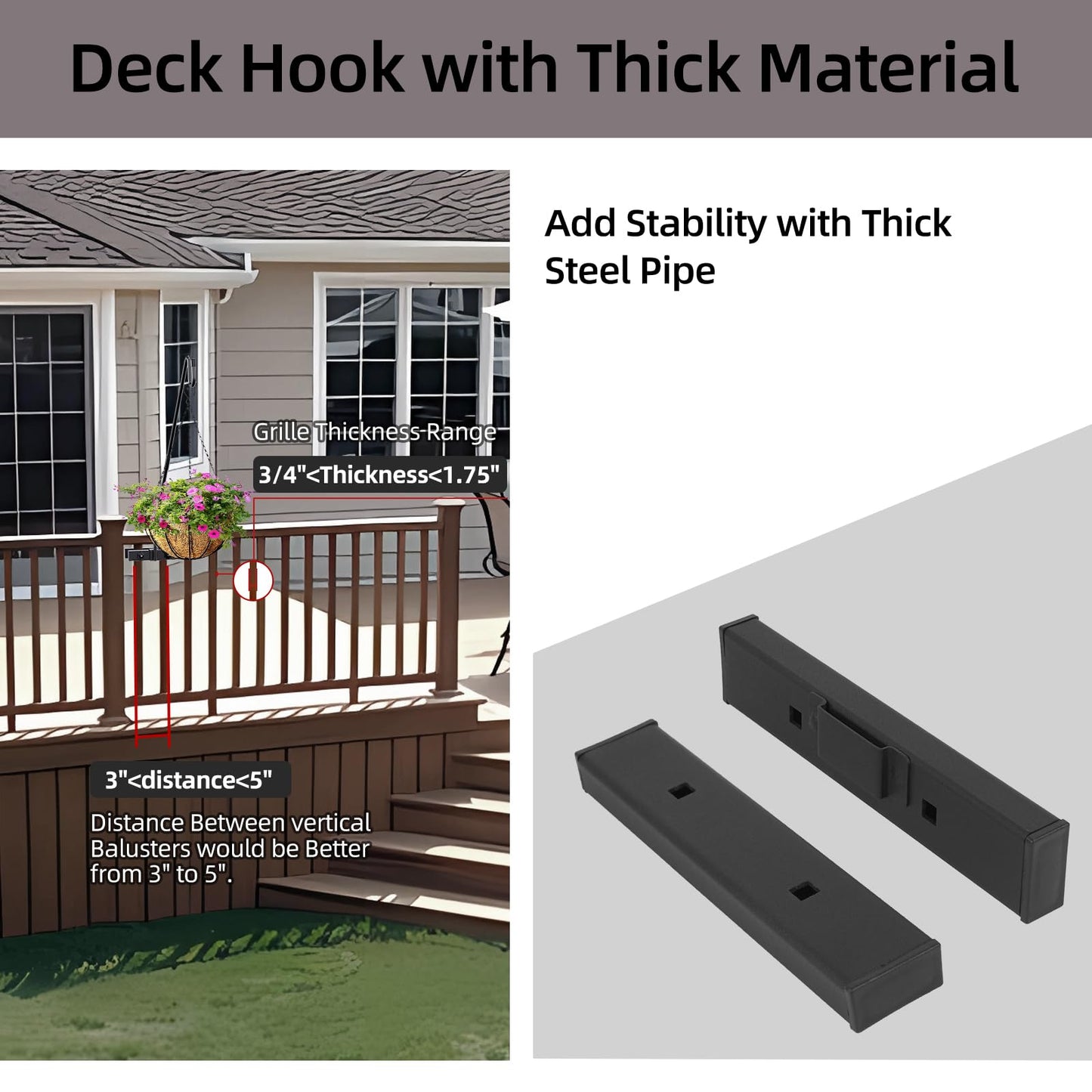 Monalife Deck Hook Railing Mount - Heavy Duty Metal Shepherds Hook Bracket for Outdoor Plant Hanger, Bird Feeder Hanger, Plant Hooks, Flower Baskets, Lanterns - 360° Rotating Pole, Extended Arm