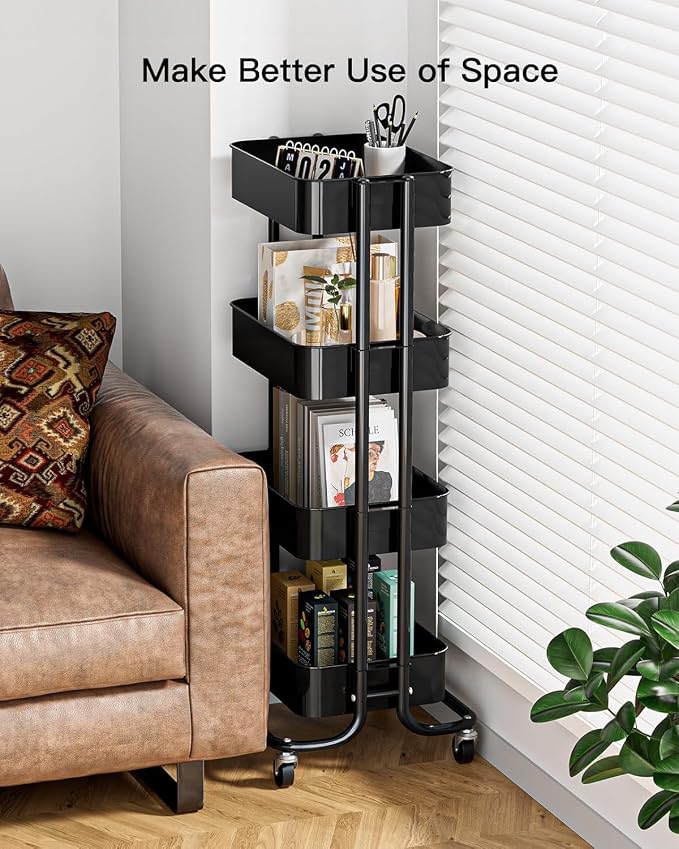 Pipishell 4 Tier Metal Rolling Utility Cart, Heavy-Duty Storage Rolling Cart with 2 Lockable Wheels, Multifunctional Mesh Organization Utility Cart for Kitchen Dining Room Living Room, PIUC13B