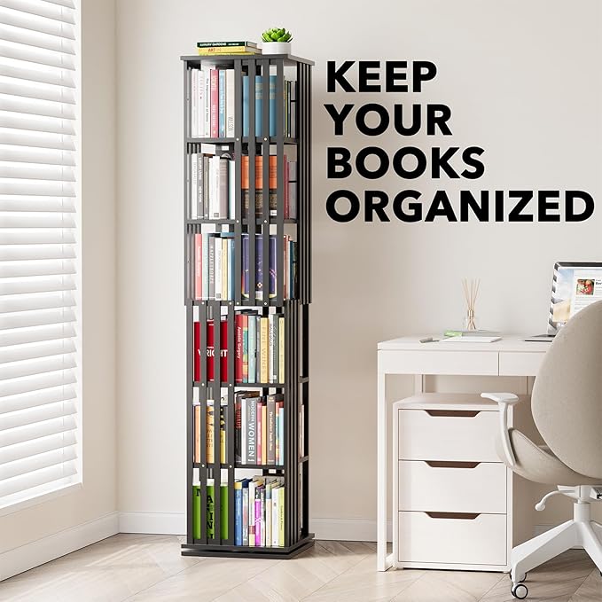 SpaceAid 6 Tier Rotating Bookshelf Tower, Bamboo Spinning Book Shelf, Revolving