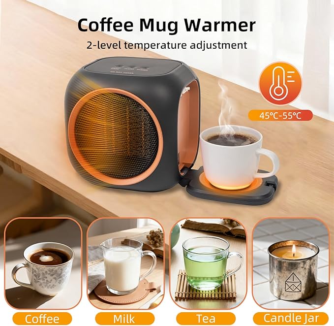 Space Heater with Mug Warmer, Electric Space Heaters for Indoor Use with Thermostatc, Candle Warmer Pate for Bedroom, Office, Large Room Use