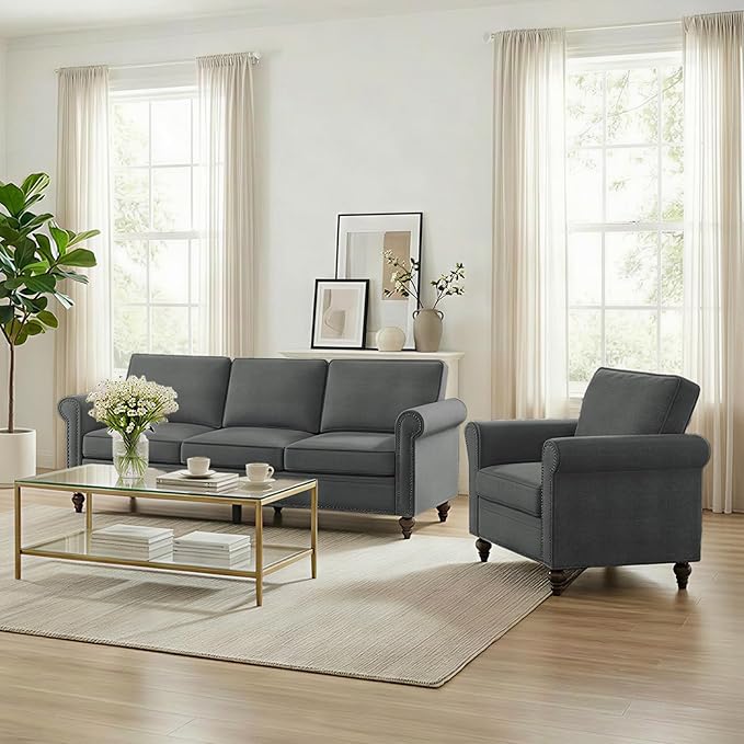 2 Piece Living Room Sofa Sets, Modern 3 Seater Sofa and Armchair Sets, Linen