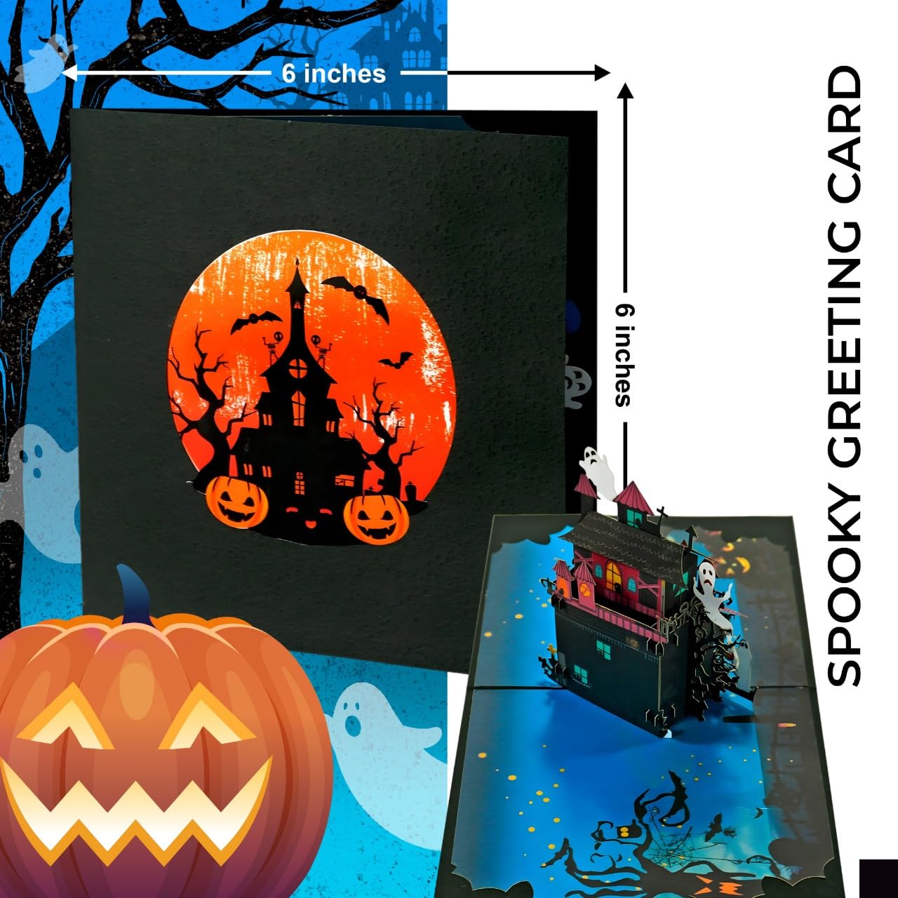 iGifts And Cards Halloween Haunted Mansion 3D Pop-Up Card – Spooky Ghost House, Pumpkins & Bats – 6"x6" Creepy Greeting Card for Trick-or-Treaters, October Birthdays, Parties & Eerie House Gifts