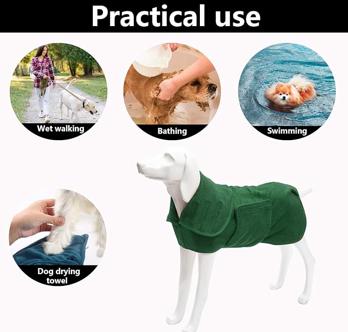 Geyecete Dog Drying Coat - Dog Bathrobe Towel - Microfibre Fast Drying Super Absorbent Pet Cat Bath Robe Towel, Luxuriously Soft Green XXL