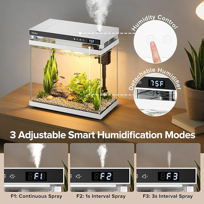Vehipa Fish Tank Aquarium, 2.2 Gallon Smart Fish Aquarium Kits with Auto Feeder, Silent Water Pump, Temperature Display, Smart Humidifier & 7-Color Lighting, for Office & Home - White