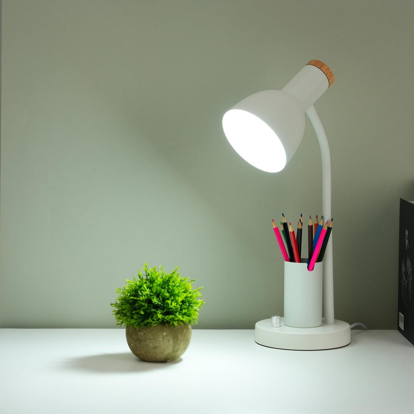 YSJUENAII Desk Lamp with Pen Holder, Green, Wood Accent, Adjustable Gooseneck, Modern Study Light (Green)