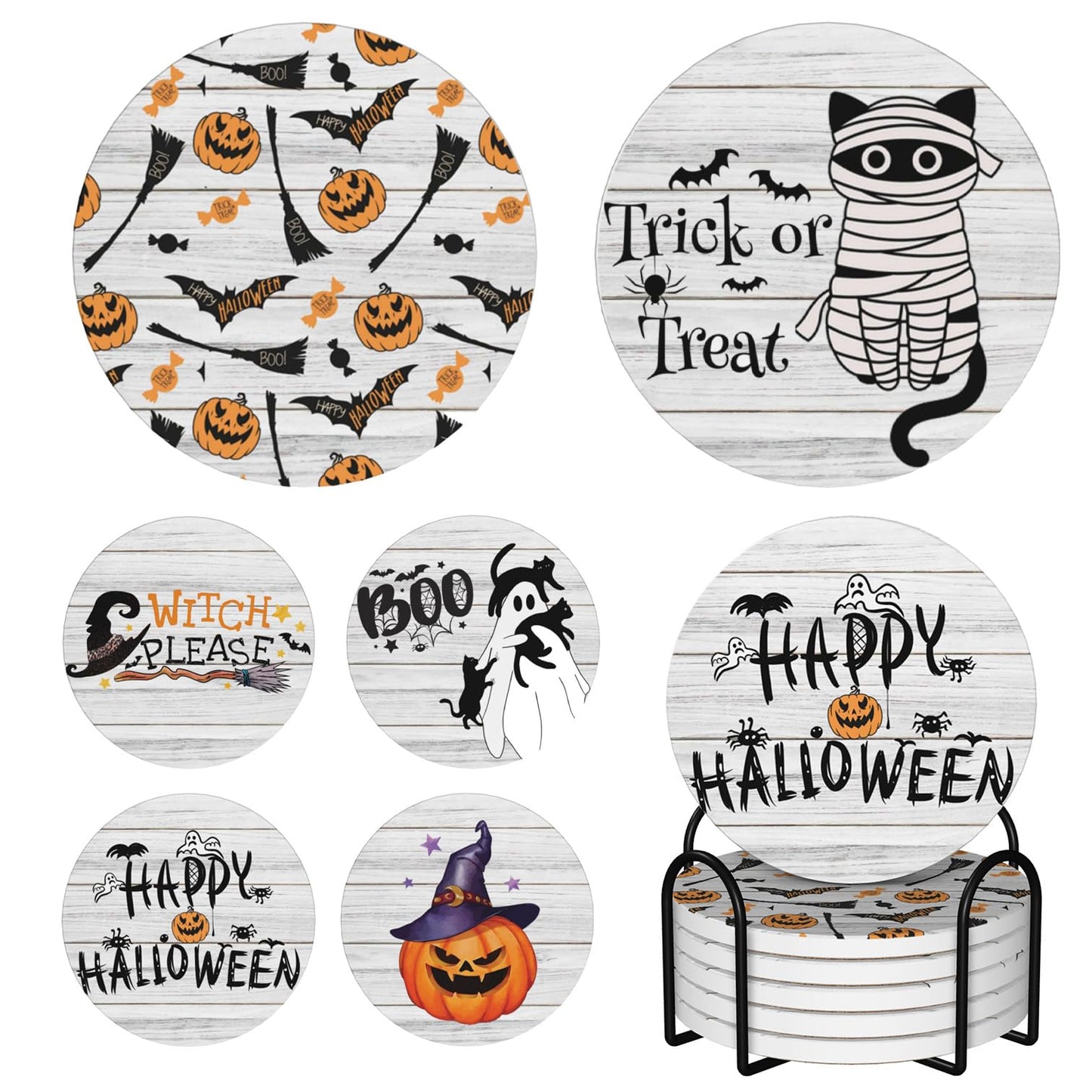 Coaster for Coffee Table Halloween Absorbent Coasters Set - Spooky, Decorative Drink Coasters for Home, Office, and Parties - 6-Pack with Holder Wooden Background