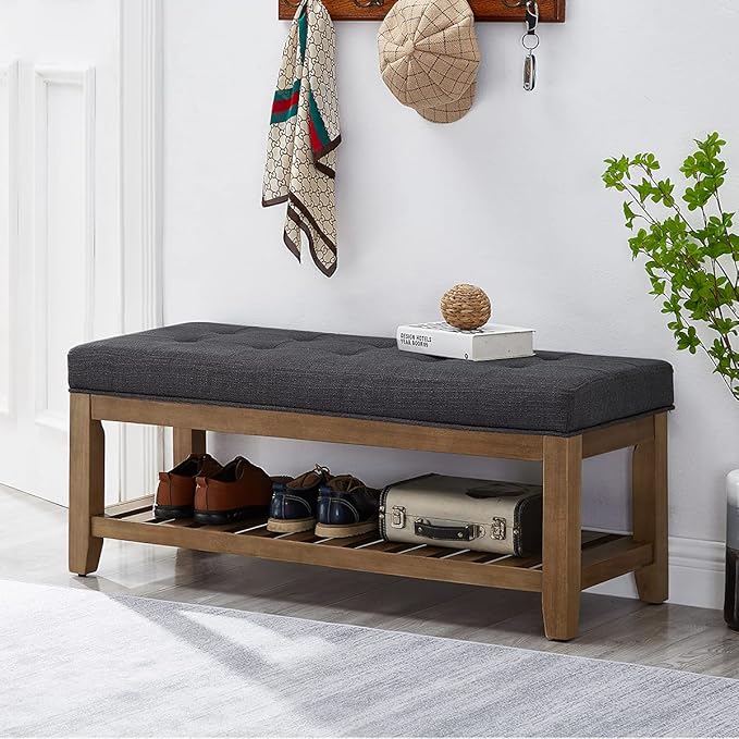 24KF Large Rectangular Upholstered Tufted Linen Fabric Ottoman Bench, Padded