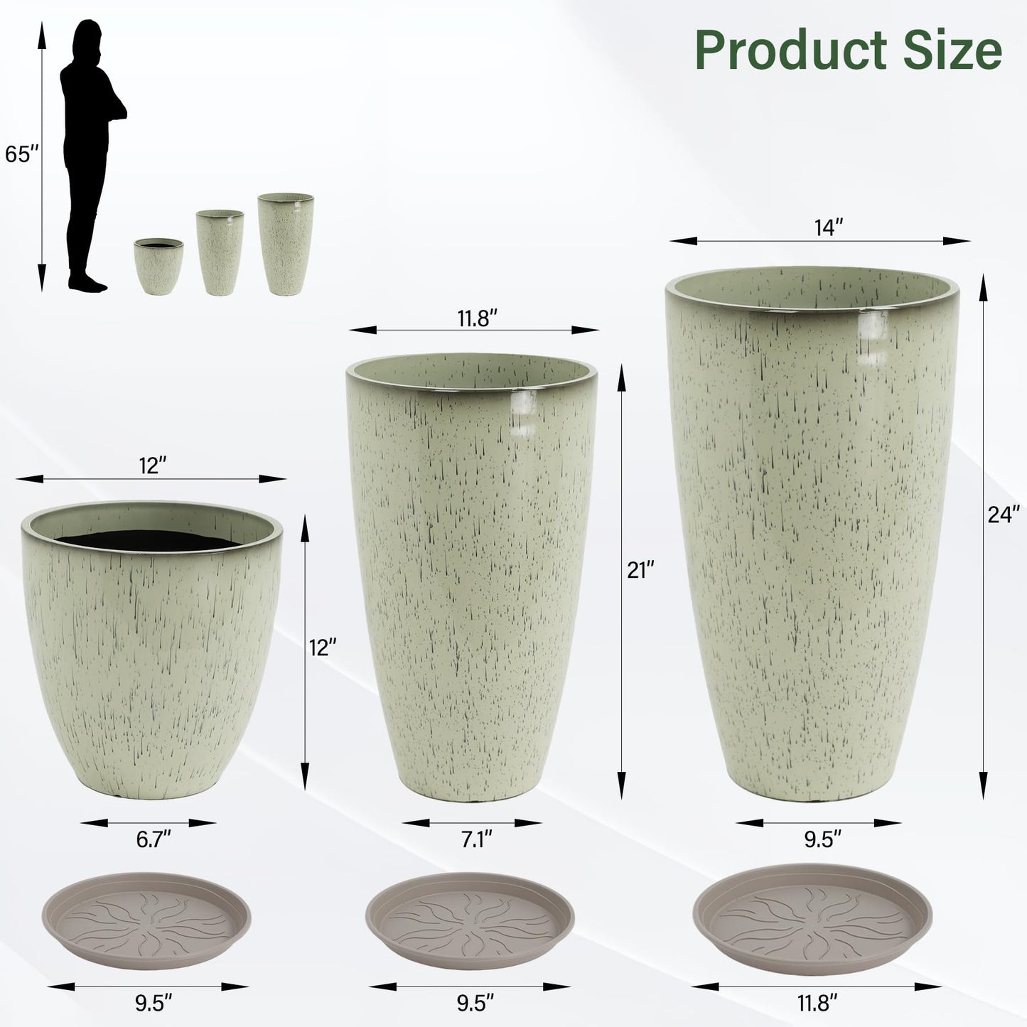 Neoaider 24/21/12 Inch Large Plastic Planter, Lightweight Ceramic-Look Tall Planters with Drain Hole & Saucers, Tall Plastic Planters for Porch, Garden, Patio, Balcony(Drip Glaze)