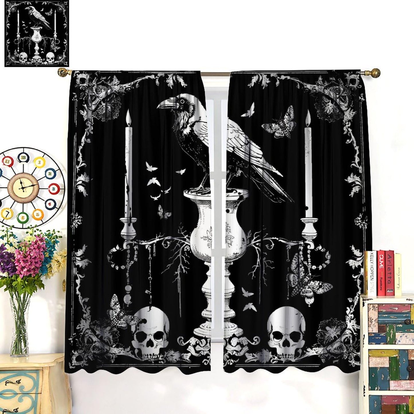 AAVEUP Gothic Crow Curtains for Boys,Mysterious Simple Eerie Skull Moth Raven Candle Flower Window Drapes Print for Halloween Kids Boys Girls Bedroom Living Room Bathroom 42x45in