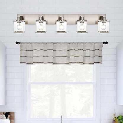 5-Lights Brushed Nickel Bathroom Wall Light with Clear Glass Shade, E26 Bulb Base Vanity Lighting Fixtures Over Mirror for Kitchen Cabinet Bedroom