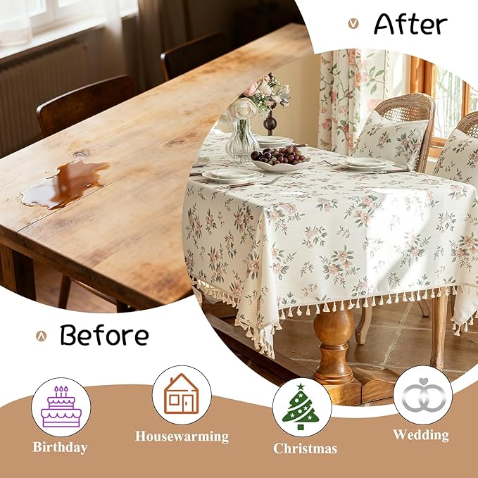 VClife Shabby Chic Pink White Floral Printed Tablecloth