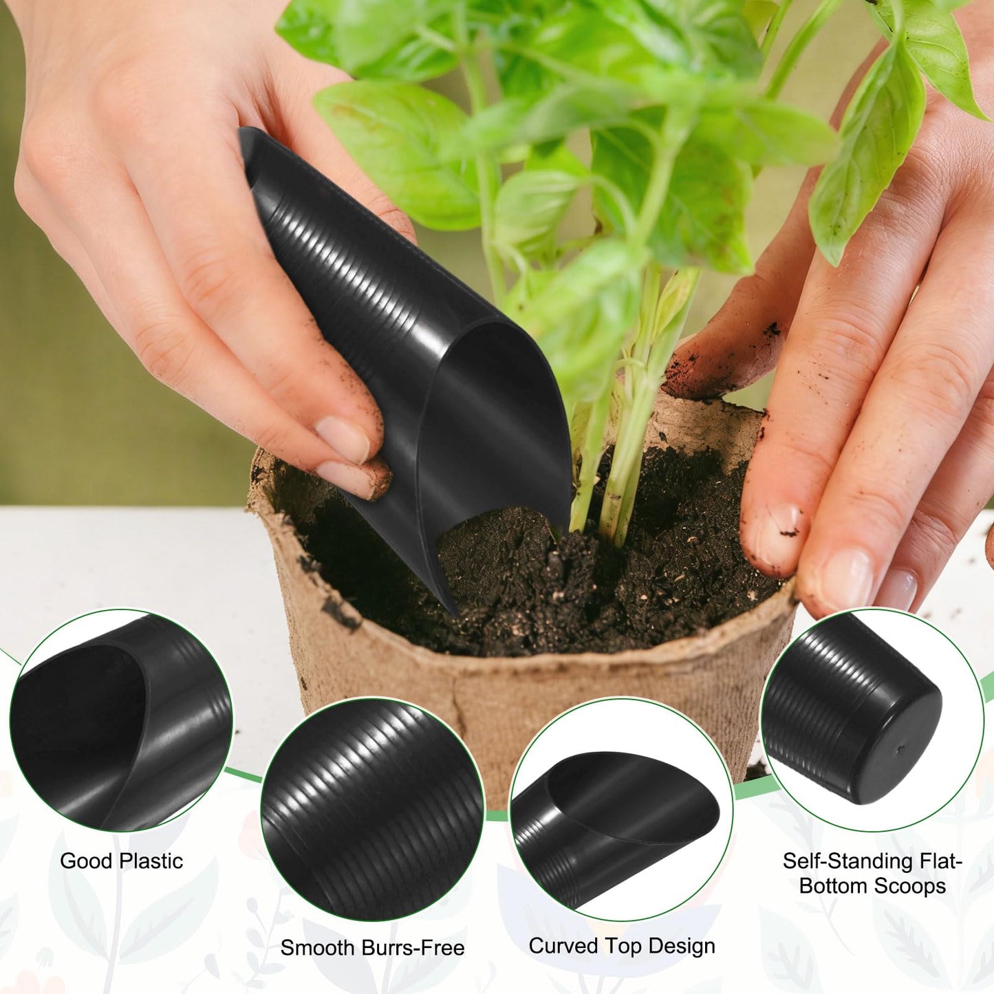 M METERXITY 18-Pack Bonsai Soil Scoops, Plastic Garden Soil Scoops Bucket Shovel Potting Scoopers for Transplanting/Flower Planting/Plant Succulent, Colorful Small Gardening Tools [Black]