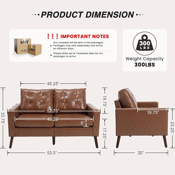 HNY Mid Century Modern 53" Loveseat Sofa, Comfy Upholstered Button Tufted Faux