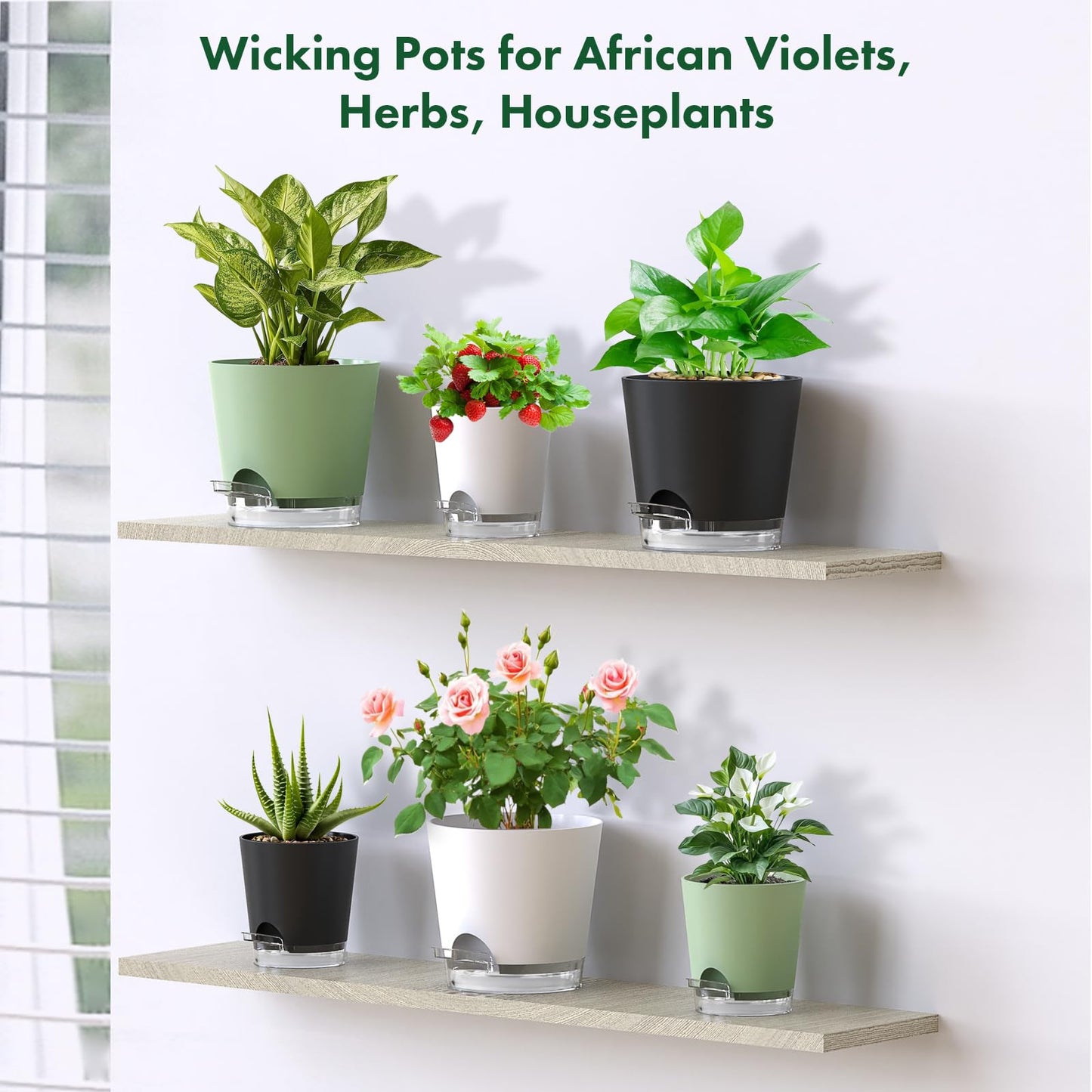Meowell 8 inch Self Watering Pots for Indoor Outdoor Plants, 2 Pack Flower Plant Pots with Drainage Holes & Clear Reservoir for Visible Water Level, Plastic Wicking Planters for House Plants, Green