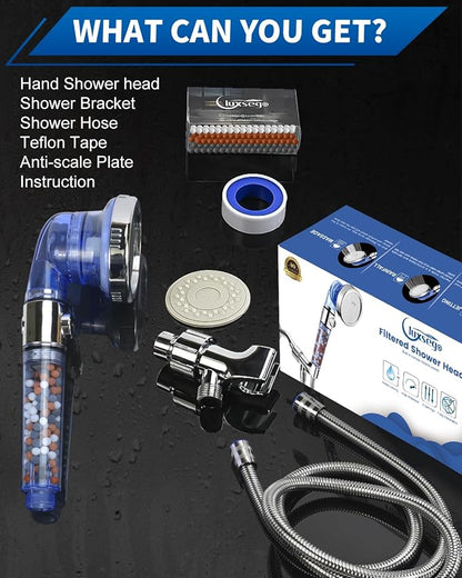 Filtered Shower Head for Hard Water with Stop, High Pressure 4-Mode Shower Heads Built-in Power Spray to Clean Corner, Tub & Pets, Water Softener Handheld Shower to Remove Chlorine & Fluoride