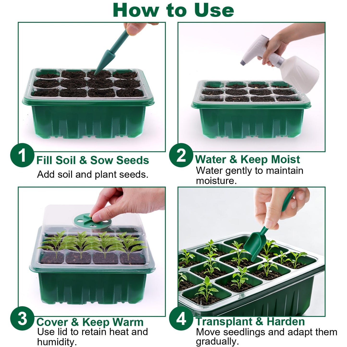 Yalumo Seed Starter Tray Kit, 12 Pack 144 Cells with Humidity Dome, Reusable Seedling Trays with Drainage Holes, Plant Germination Kit with Labels & Tools for Mini Greenhouse Propagator Indoor Garden