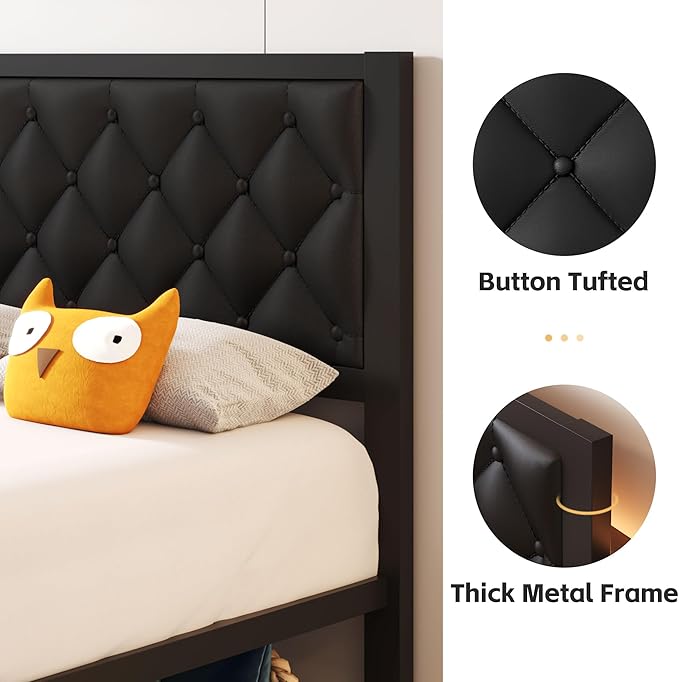 Fluest Twin Bed Frame with Headboard PU Leather Upholstered Bed Frame Platform