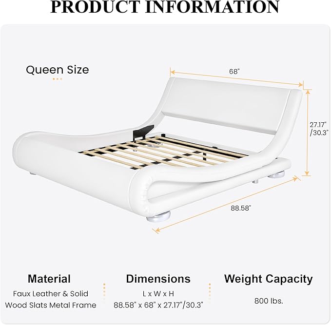 SHA CERLIN Queen Size Upholstered Bed Frame, Deluxe Low Profile Sleigh Bed