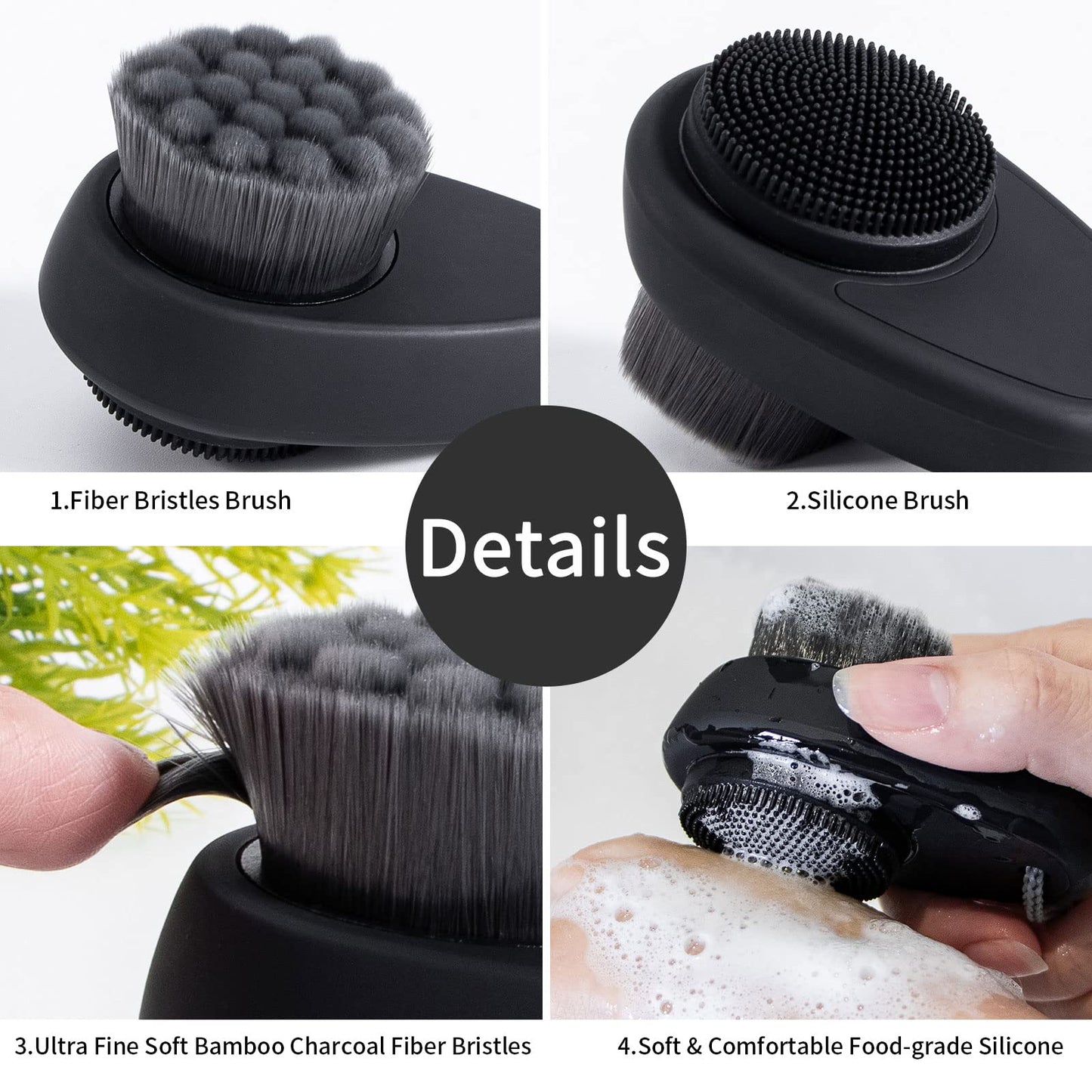 2 Pack Facial Cleansing Brush 2 in 1 for Face Exfoliation, Soft Bamboo Charcoal Microfiber Bristle Dual Face Silicone Scrubber Brush for Pore Deep Cleansing Skincare with Lid, Black+Gradient