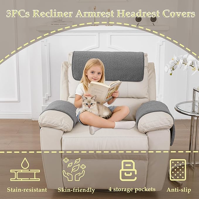 Armrest Covers - Arm Chair Covers Set of 3 Recliner Chair Covers,