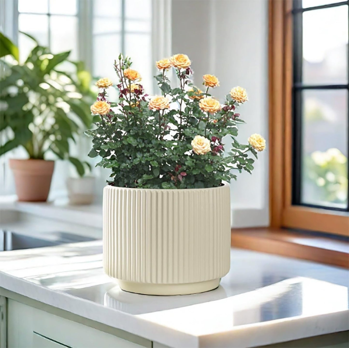 Puoyikt Ceramic 4.9+6.3 inch Planters, Modern Home and Office Flowerpot, Indoor and Outdoor Flowerpot with Drainage Hole (Light Yellow)