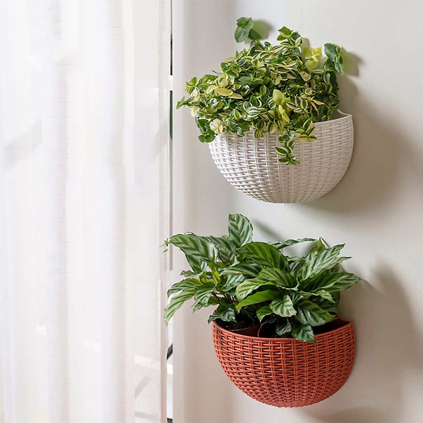 Hanging Planter Pot, Wall and Railing Hanging Planters with S Hooks, Half Round Imitation Rattan European Style Wall Flowerpot Rustic Decorative Flower Basket for Home Balcony Garden(#26*20.5cm Green)