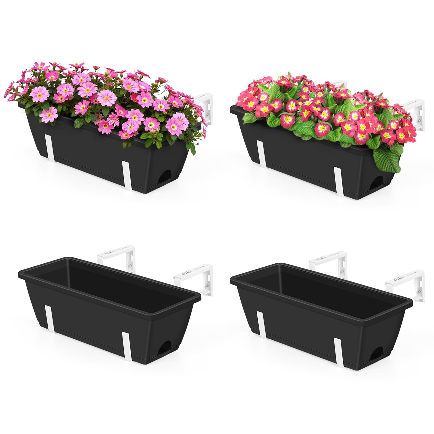 OYEAL Railing Planter Box Outdoor 4 Pack Hanging Balcony Planters 17 Inch Window Boxes Planter with Adjustable Brackets Plastic Flower Pots for Garden Deck Porch Railing Balcony Fence, Black & White