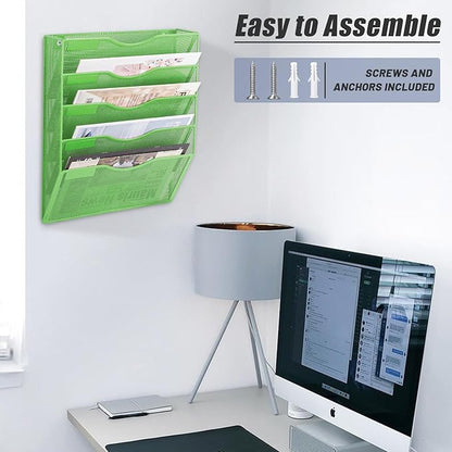 EASEPRES 5 Pocket Mesh Hanging Wall File Organizer, Wall Mounted Mail Paper Document Folder Holder, Clipboard Storage Organization Magazine Rack with Nametag Label for Office Home School, Green
