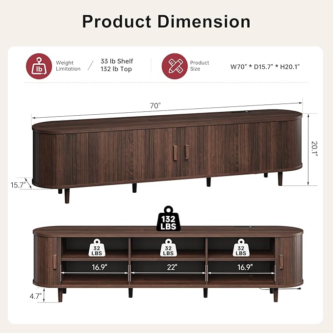 70" Mid Century Modern TV Stand, Wood TV Consoles