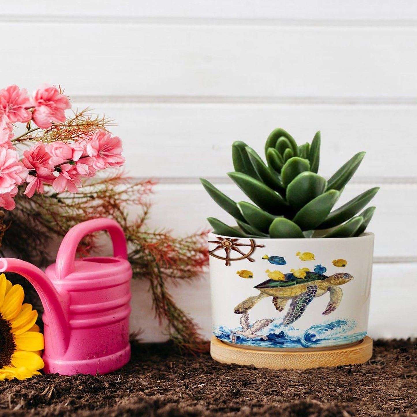 DreamAutumn Ocean Theme Sea Turtle Ceramic Pots for Plants with Drainage Holes Round Flower Pot Bamboo Tray Orchid Pot Succulents Pots for Outdoor Indoor Plants,Housewarming Gifts