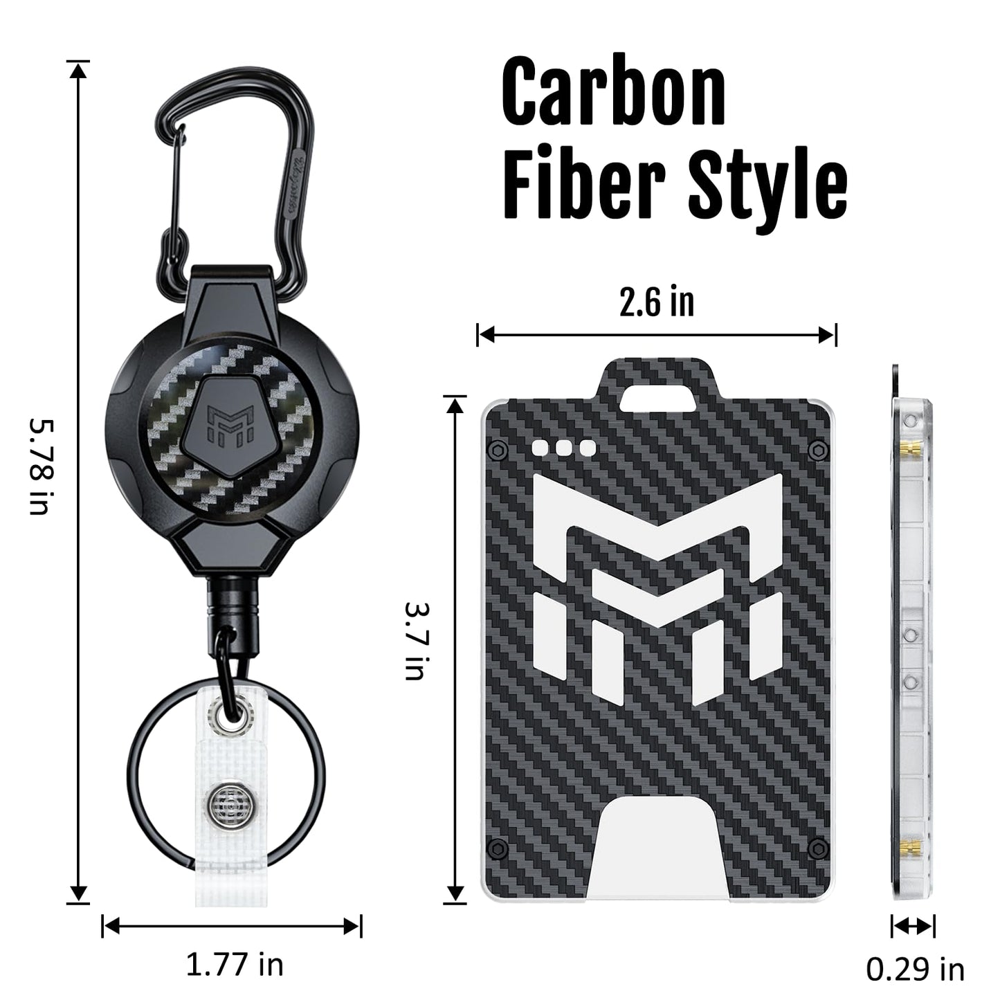 MNGARISTA Retractable Badge Holder, Heavy Duty Carbon Fiber 32.28" Retractable Badge Reel with Carabiner Clip, 4-Locking Point ID Card Holder for Work, Office, Nurse, Teacher, 1 Pack Black