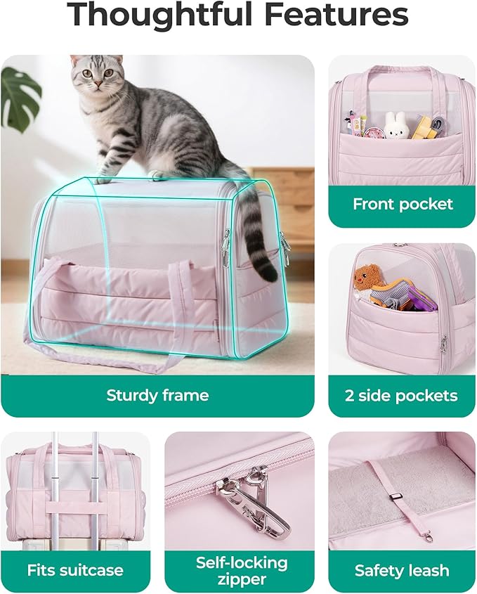 BAGSMART Cat Carrier: Soft-Sided Pet Carrier for Small Medium Cats Dogs Puppy Quilted Collapsible Puffy Travel Bag Up to 20 Lbs Mist Purple