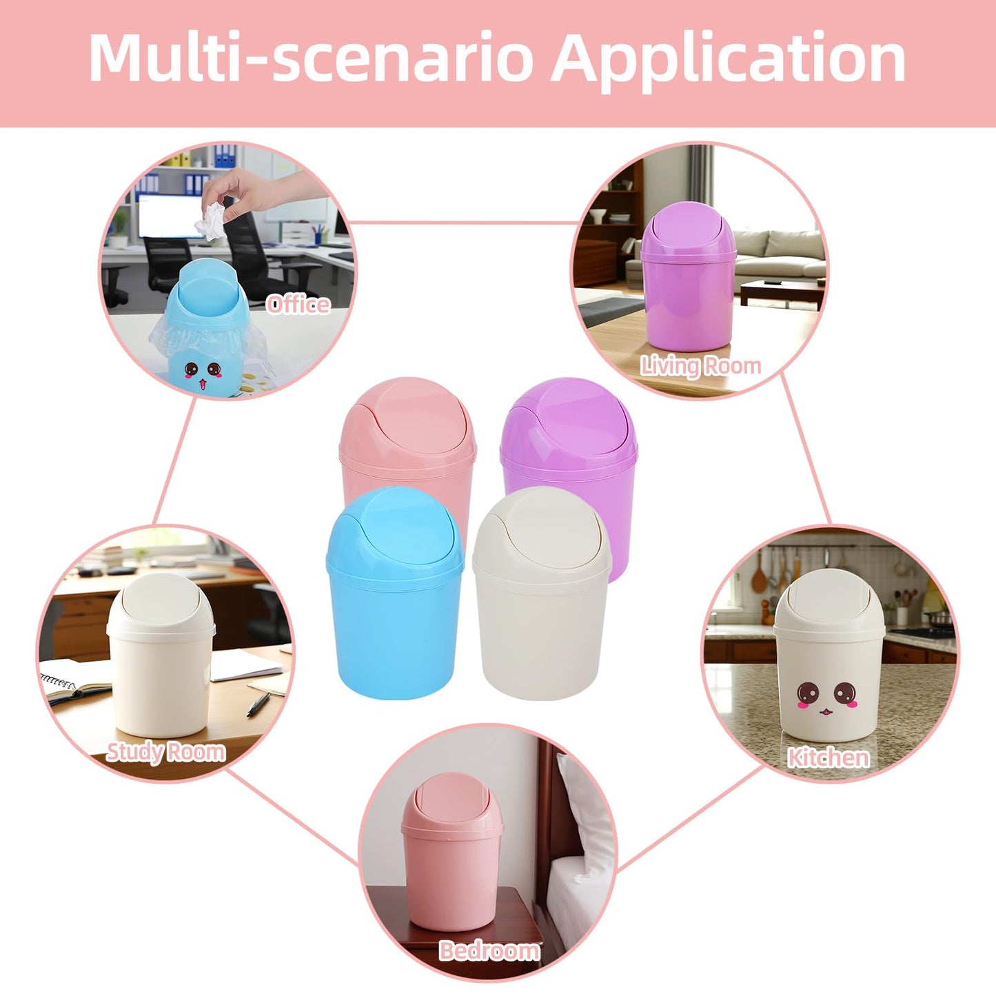 QLFJ-FurDec 4 Pcs Plastic Mini Trash Can with Swing Lid, Tiny Desktop Wastebasket Garbage Bin with 240 Trash Bags for Office, Kitchen, Vanity Tabletop, Bedroom, Bathroom