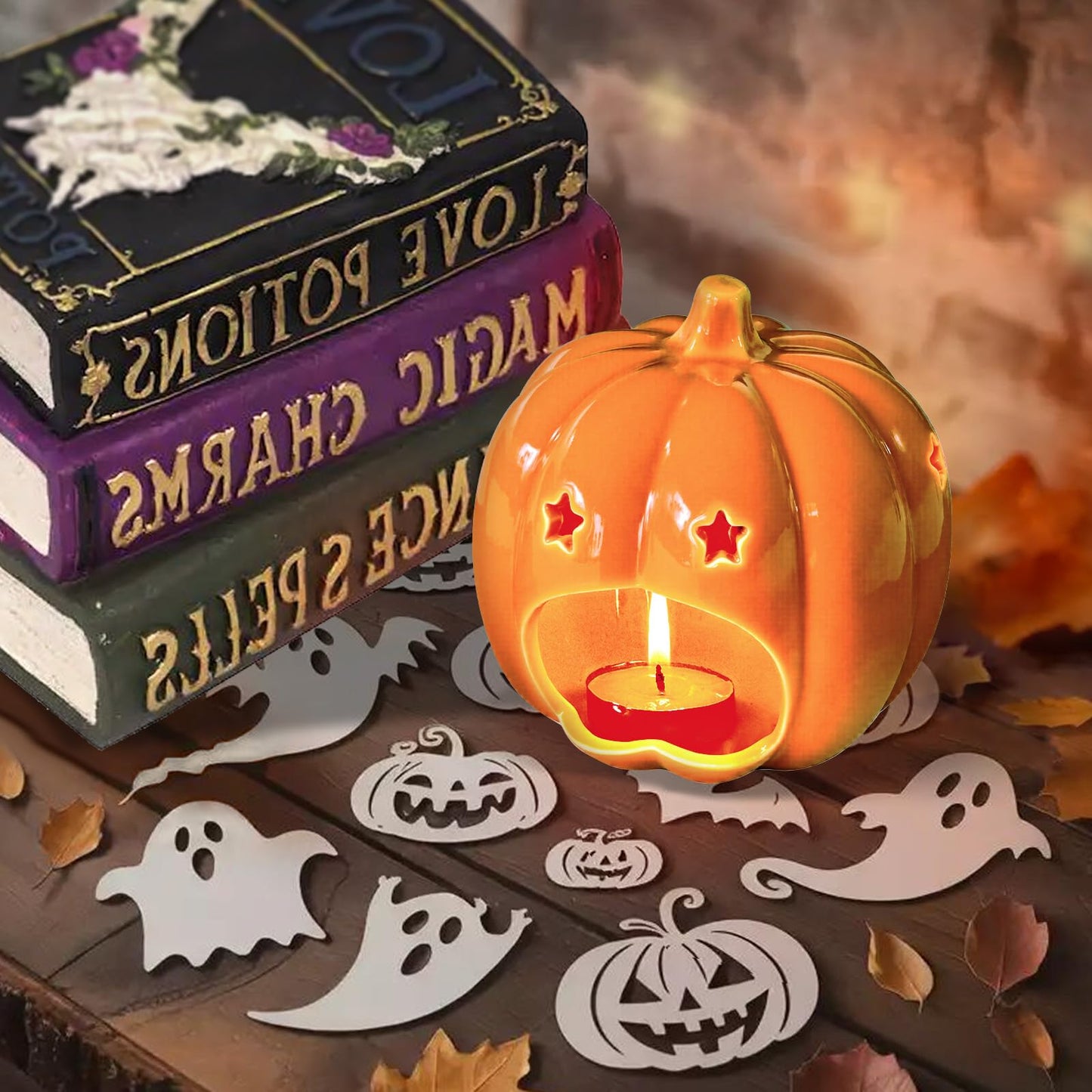 Halloween Ceramic Candle Holder Decorations Pumpkin Candle Holder Halloween Tabletop Decorative for Home Office Table Centerpiece, Cute Pumpkin Tealight Candlestick