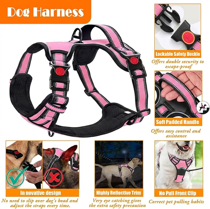 LOBEVE No Pull Dog Harness, Collar & Leash Set | Includes Dog Seat Belt, Collapsible Bowls & Poop Bag Dispenser. Ideal for Training, Walking, Hiking. Fits Small to Large Dogs(Pink-S)