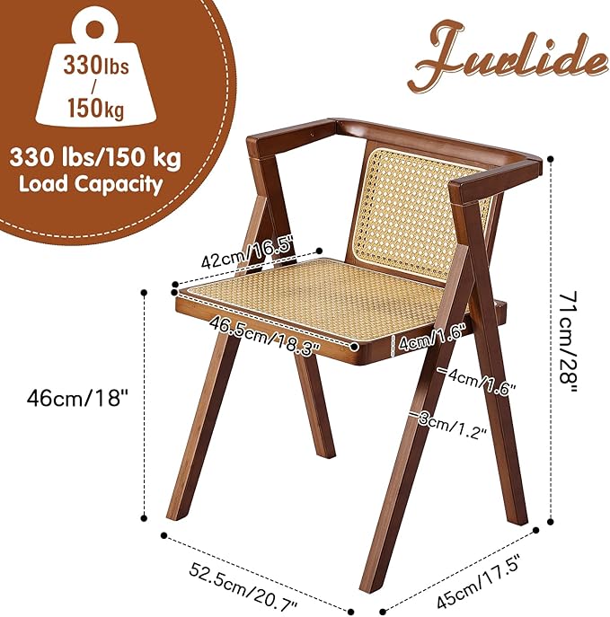 Furlide Rattan Dining Chair, Mid-Century Accent Armchair, Wicker Chair