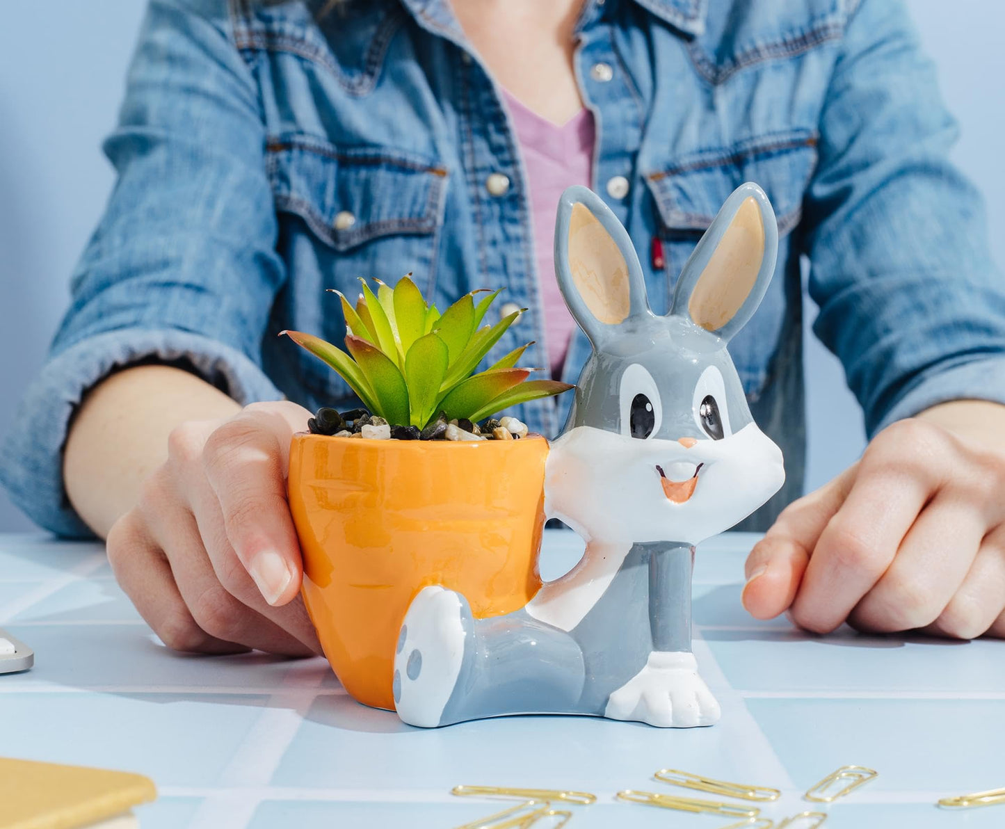 Silver Buffalo Looney Tunes Bugs Bunny 5-Inch Sculpted Ceramic Mini Planter with Artificial Succulent | Cute Flower Pot, Faux Indoor Plants