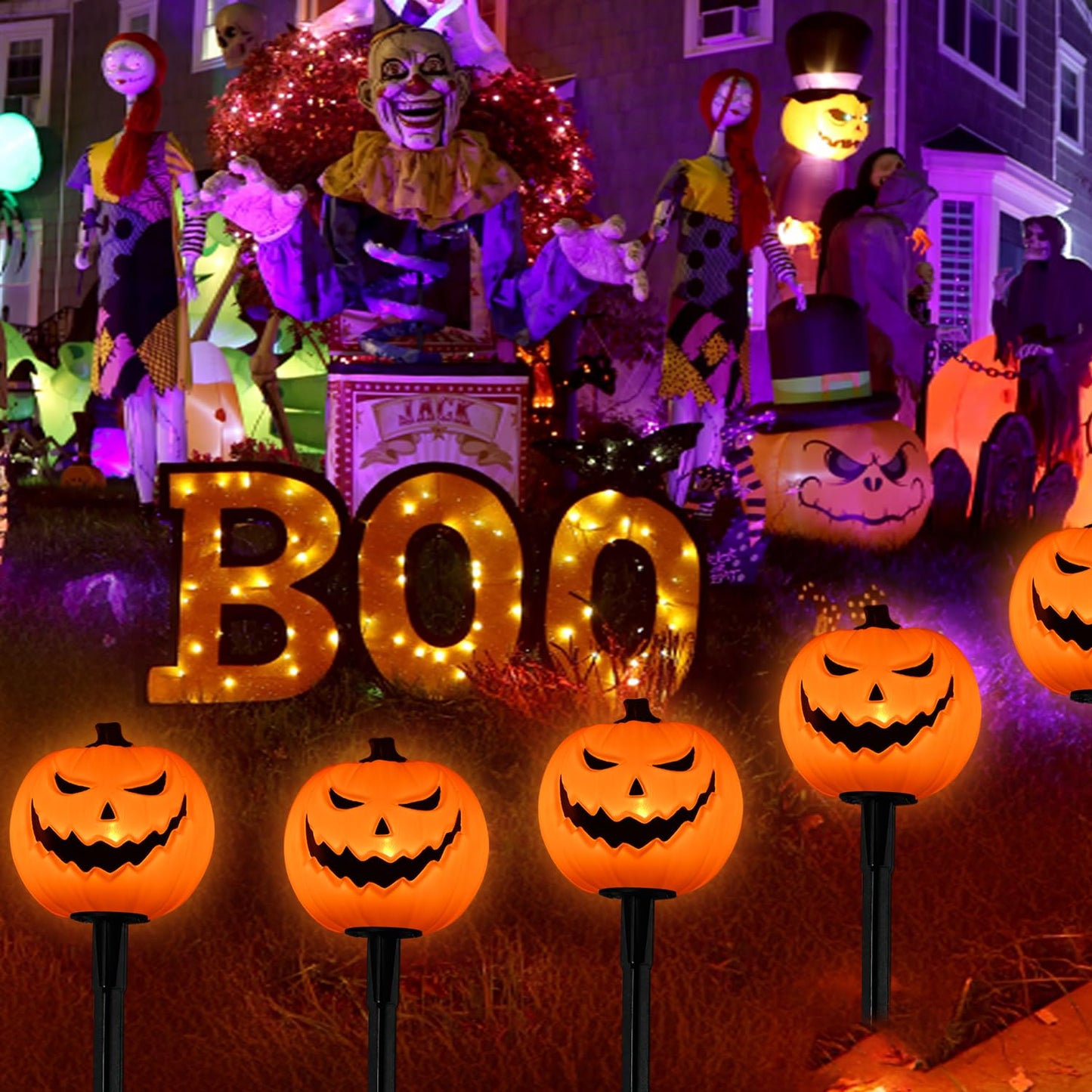 Halloween Decorations Outside - 7Ft LED Pumpkin Pathway Lights Plug in with 4 Pack LED Pumpkin Stake Lights Waterproof, for Halloween Outdoor Path Walkway Yard Lawn Landscape Decor, 0.6W