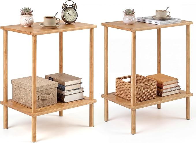 Giantex Bamboo Side Table Set of 2, 2-Tier Sofa End Bedside Table w/Storage