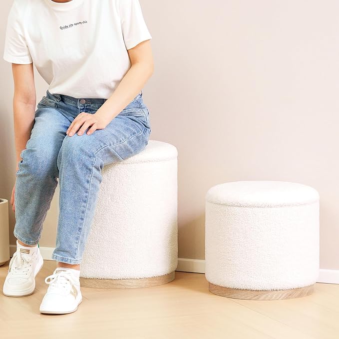 PINPLUS Round Ottoman with Storage Set of 2, Vanity Stool with Tray Storage