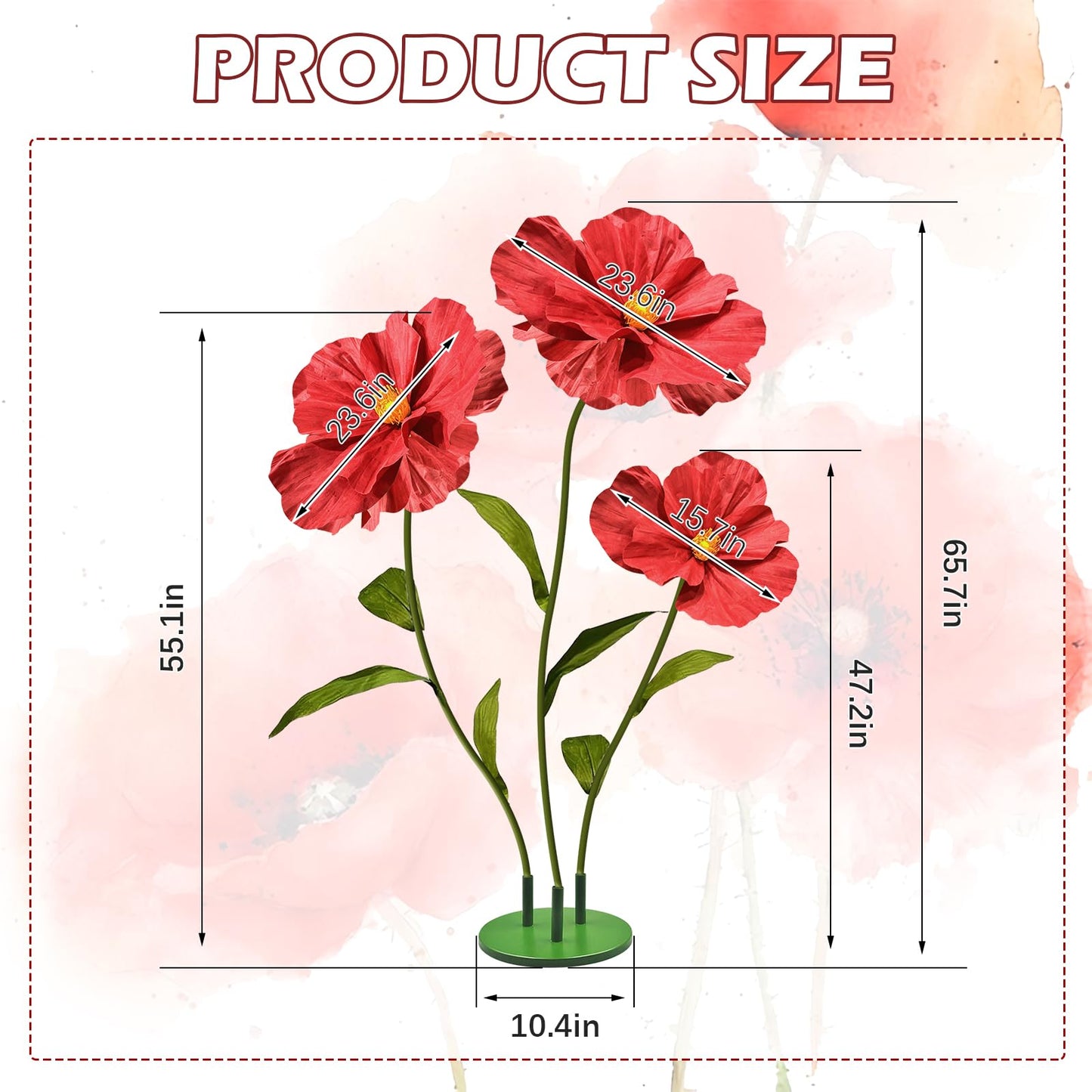 X-Kingsun 3Pcs 5.5ft Giant Poppy Plastic Flower Decoration with Stand Base Artificial Plastic Flowers Handcrafted Flowers for Wedding Outdoor Party Birthday Home Garden Backdrop Memorial Day