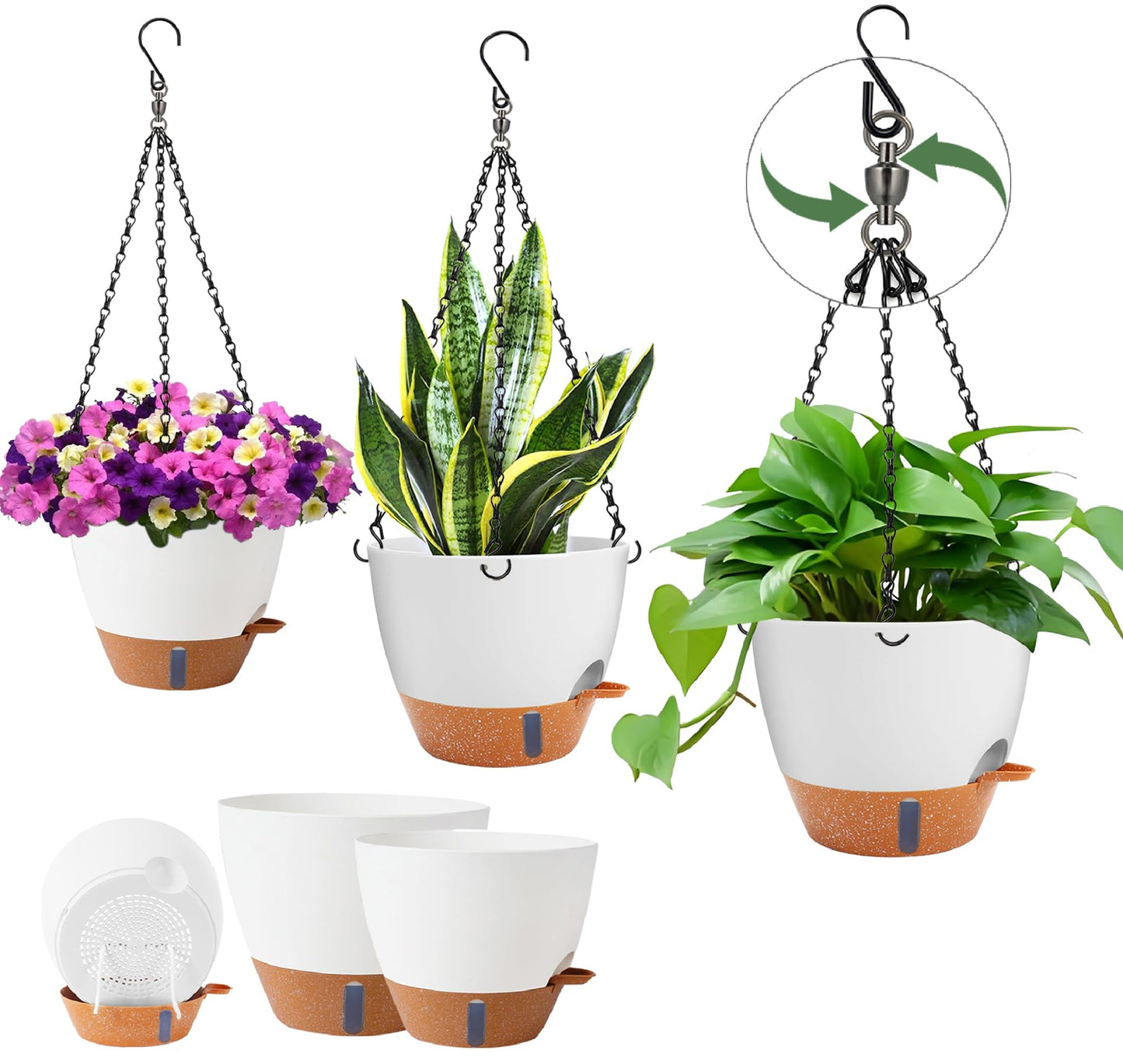 Heybe 3 Pack Self Watering Hanging Planters with Swivel Hanging Chains 20 Inches, 10/9/8 Inch Pots for Indoor Outdoor Plants, White