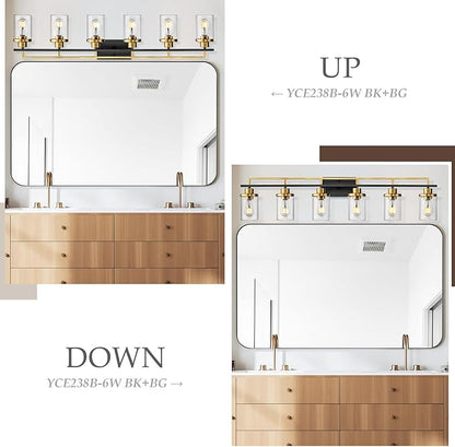 Emliviar Large 6-Light Farmhouse Bathroom Sconces Wall Lighting for Living Room, Modern Vanity Light Over Mirror with Clear Glass Shades, Black and Gold Finish, YCE238B-6W BK+BG