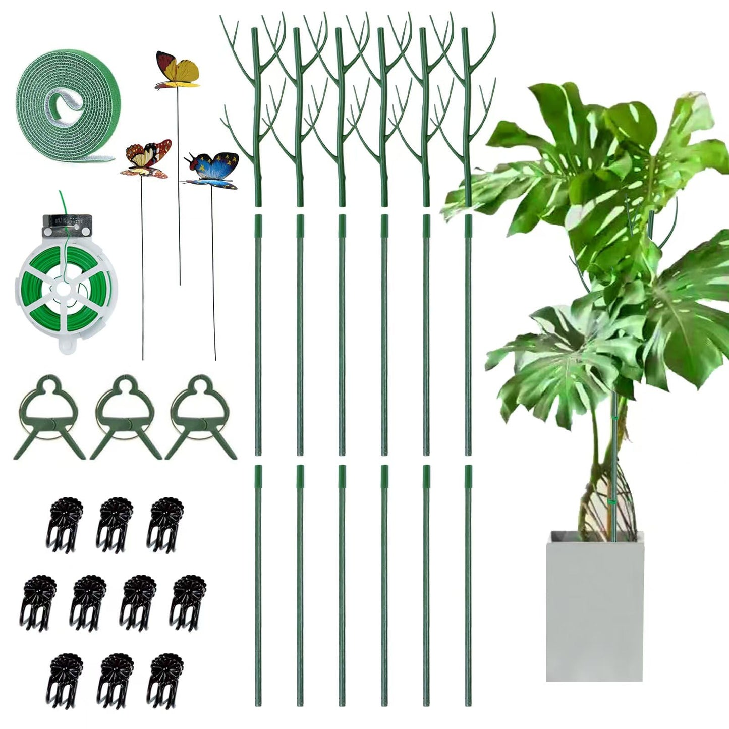 6 Pack Plant Support Plant Stakes for Indoor and Outdoor Plants, 44.8” Plant Sticks with Plant Clips Twist Tiers and Plant Tiers for House Potted Plants, Monstera Plant Support for Climbing Plants