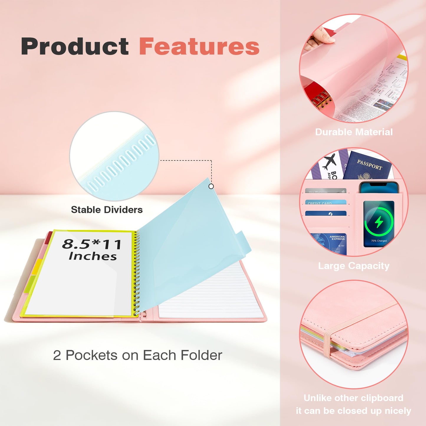 Clipboard with Storage for Men Women, Leather Padfolio Portfolio Organizer 5 Folders with 10 Pockets, Spiral Clipboard Folio with Notepad for Letter Size, Elastic Closure and Pen Loop Pink