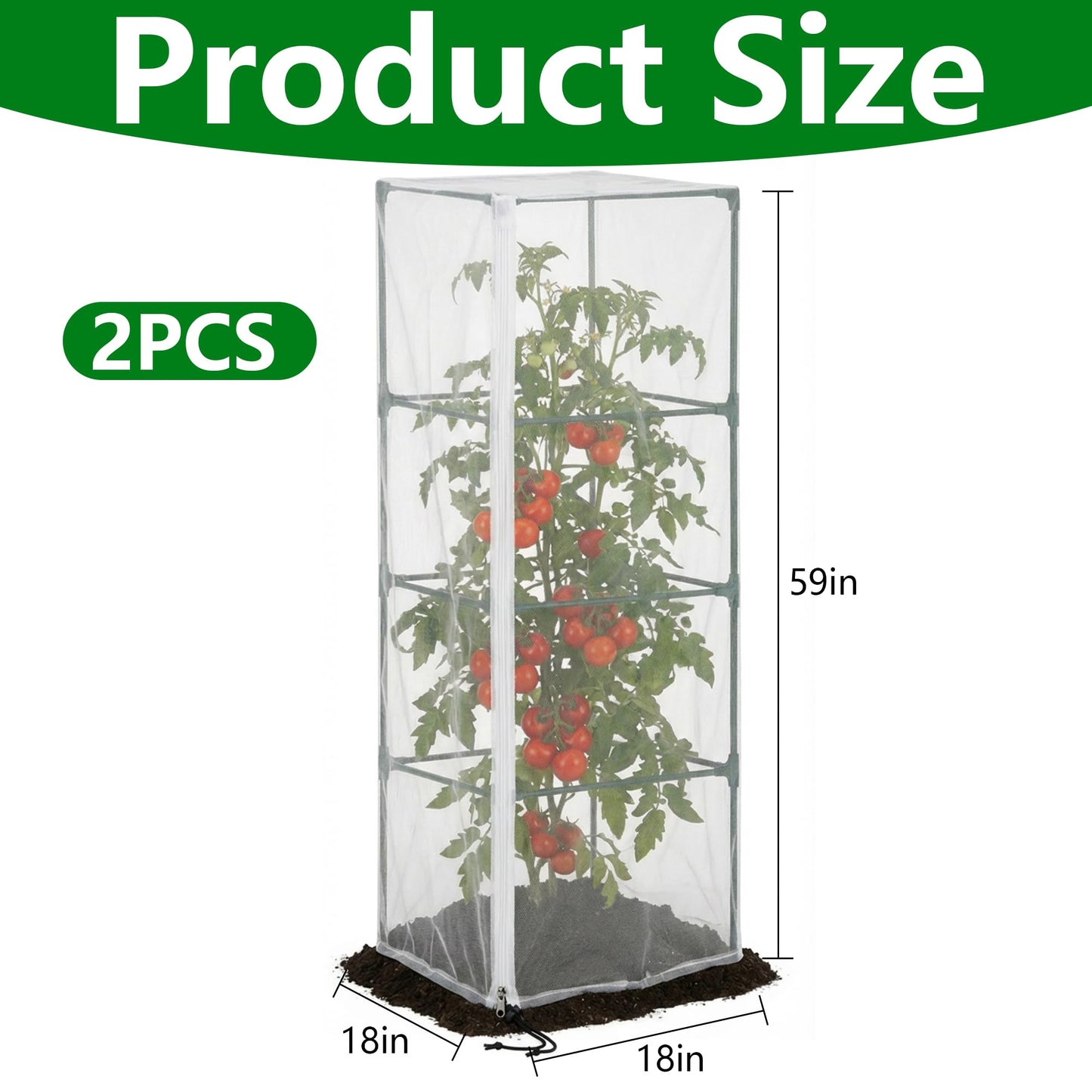 2 Pcs Garden Bird Netting for Square Plant Cage, 59" x 18" x 18" Tomato Cage Garden Net Cover with Zipper, Tomato Trellis Insect Bird Barrier Protection Mesh for Vertical Climbing Plants Vegetables