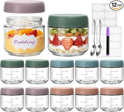12Pack 10oz Overnight Oats Containers with Lids, Glass jars with Airtight Lids, Glear Food Storage Containers, Mason Salad jars for Yogurt Snacks Pudding Spice Sugar